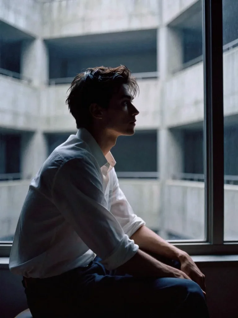 a handsome man in a rolled-sleeve white shirt in a seated silhouette against a window, in a brutalist concrete atrium, s
