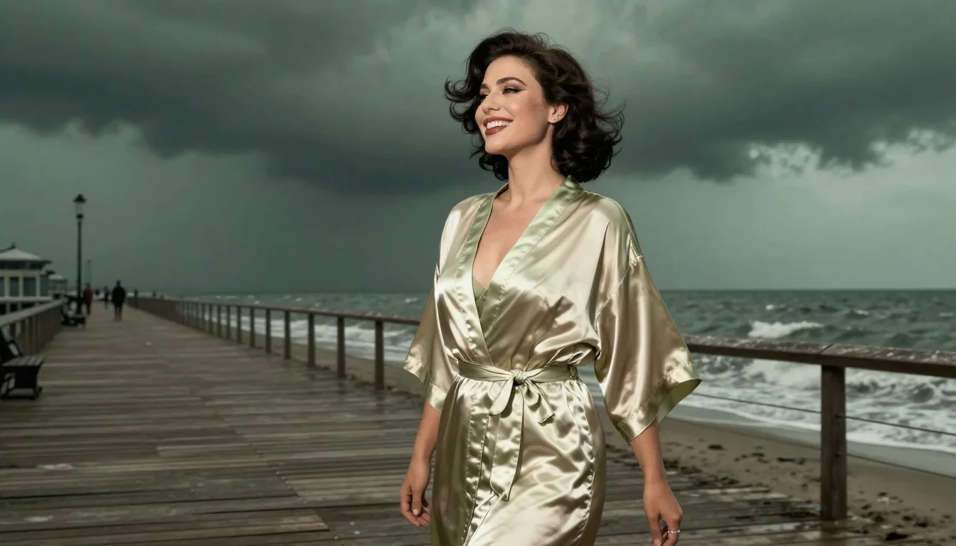 a smiley lounge singer in a satin robe in a dramatic three-quarter profile, on a storm-washed boardwalk, Vogue-style stu