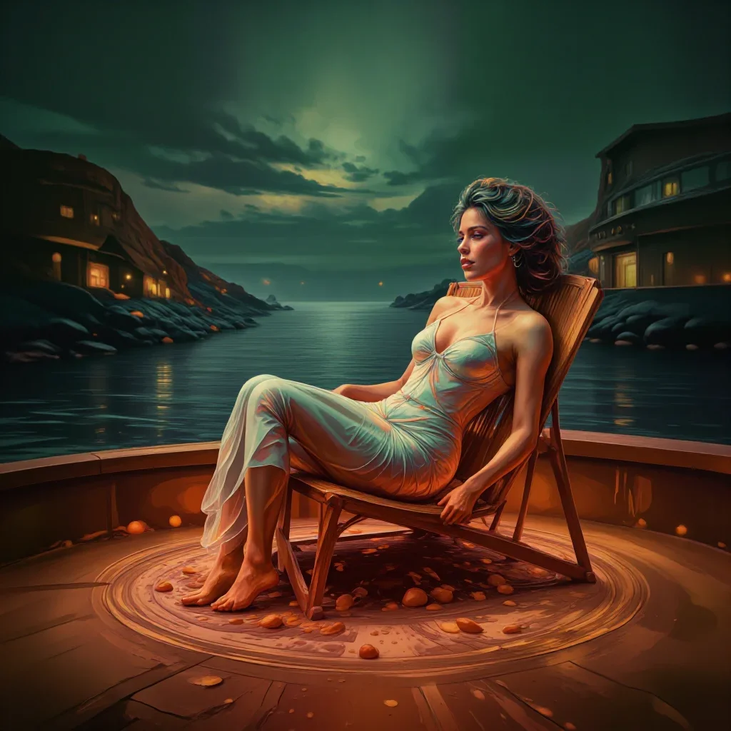 a siren at the waterline in a translucent slip reclining elegantly on a chaise, on a neon-lit rooftop at midnight, Wong