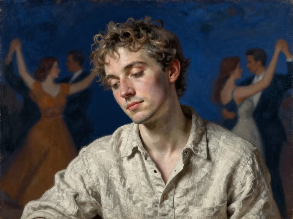 a sculptor at rest in a linen shirt, dust-hazed in a coy glance from under lowered lashes, on a midnight dance floor, Re