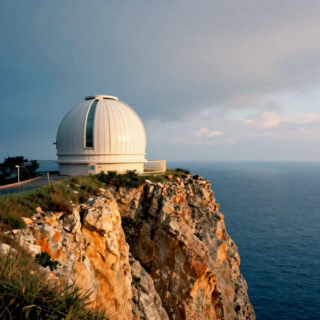 a cliffside observatory after warm summer rain, soft-grain analog film photography, restrained color harmony, cobalt and