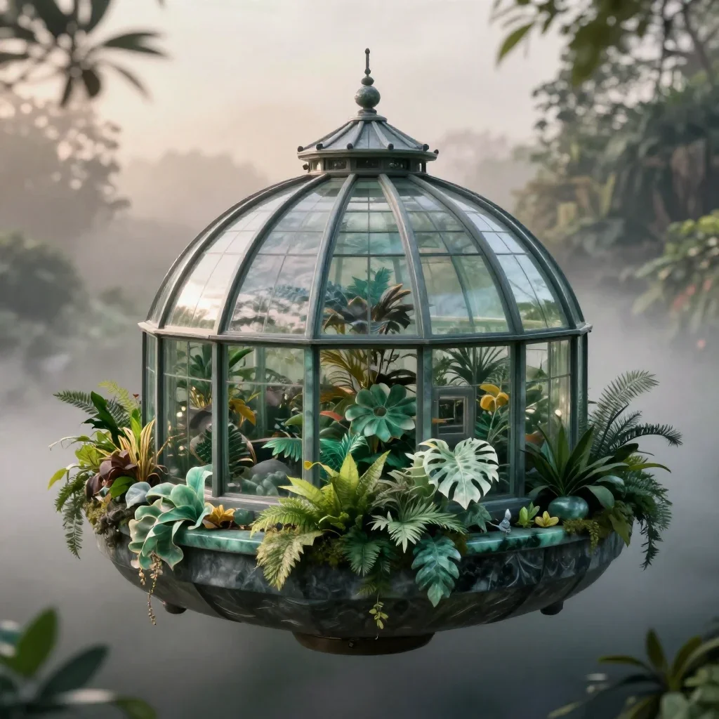 a floating botanical conservatory in quiet late-afternoon haze, high-end design magazine photography, soft volumetric li