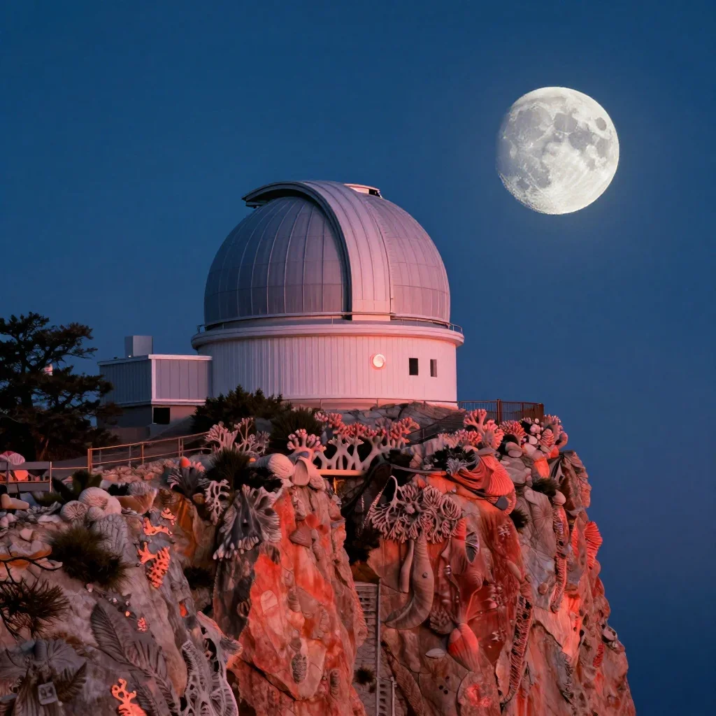a cliffside observatory at moonrise, cinematic architectural photography, soft volumetric light, coral and midnight blue