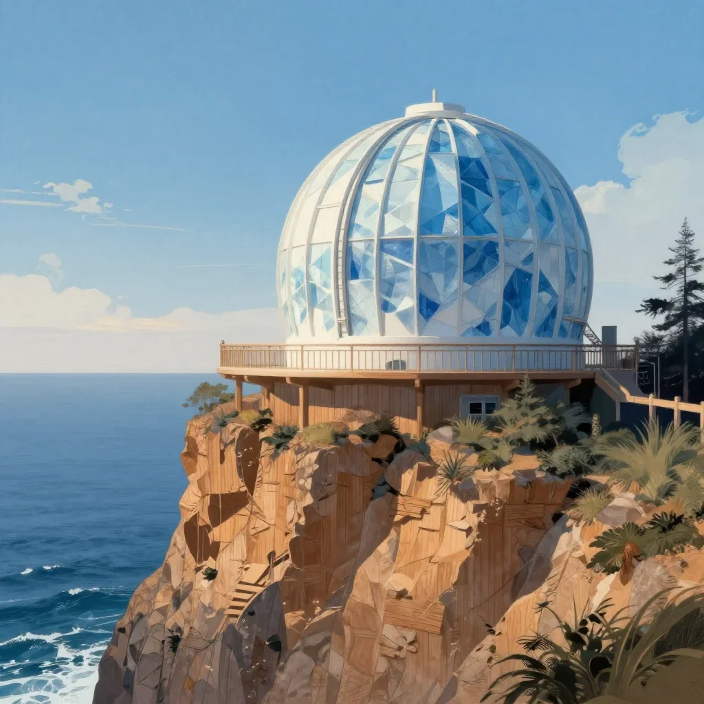 a cliffside observatory in a gentle sea breeze, Japanese woodblock-inspired editorial art, careful geometric composition