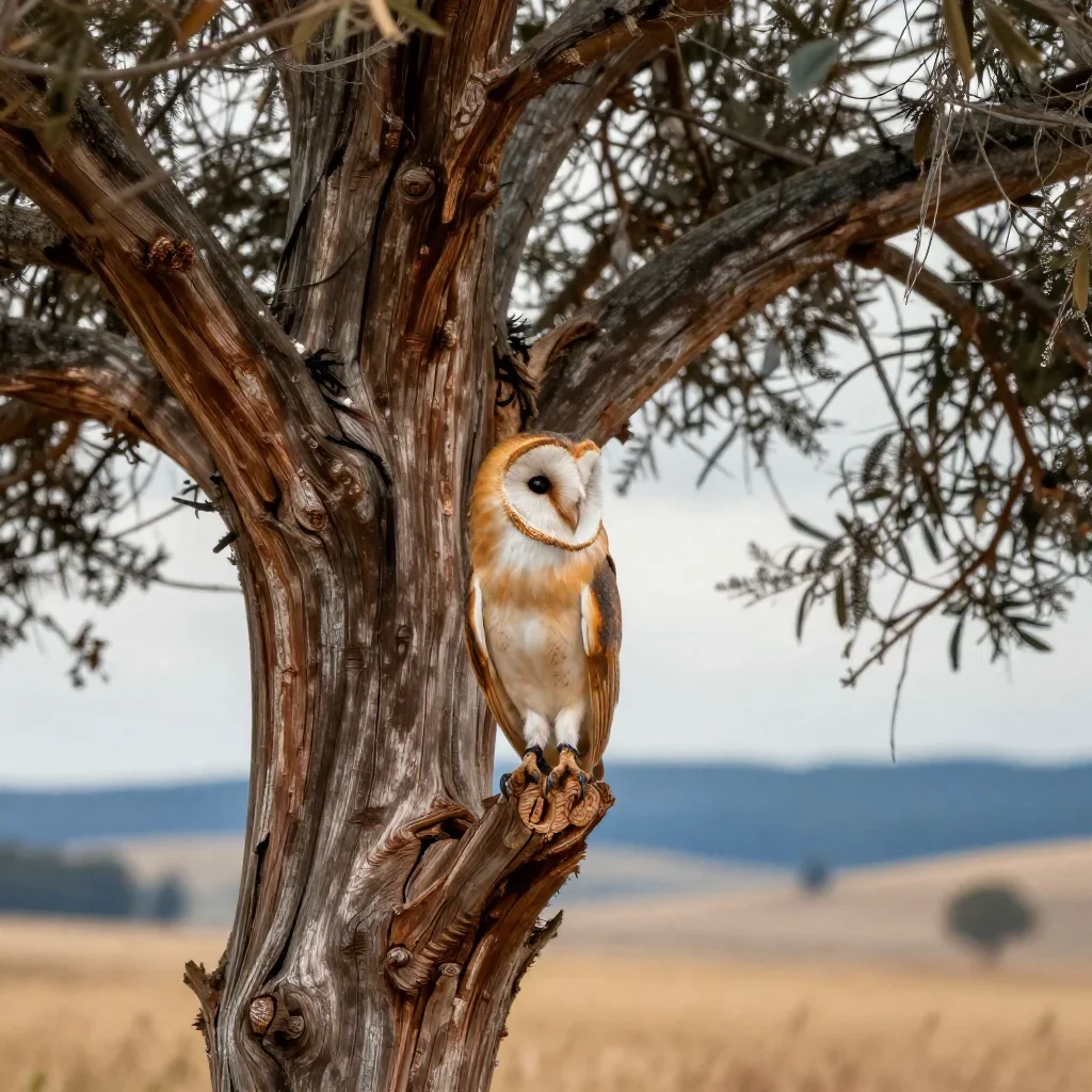a barn owl in an old cedar under diffused skylight, dreamlike fine-art landscape photography, restrained color harmony, ochre and ultramarine palette, family-safe, no text, no logo, no watermark