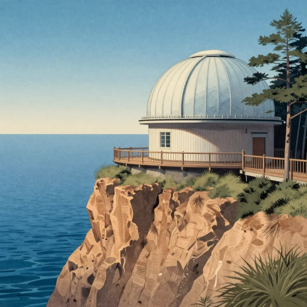 a cliffside observatory in a gentle sea breeze, Japanese woodblock-inspired editorial art, atmospheric depth, ice blue a