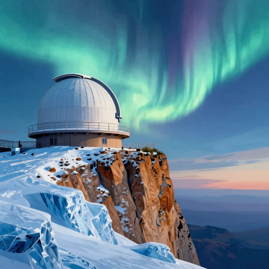 a cliffside observatory beneath an aurora, modernist poster illustration, crisp material detail, ice blue and warm cedar