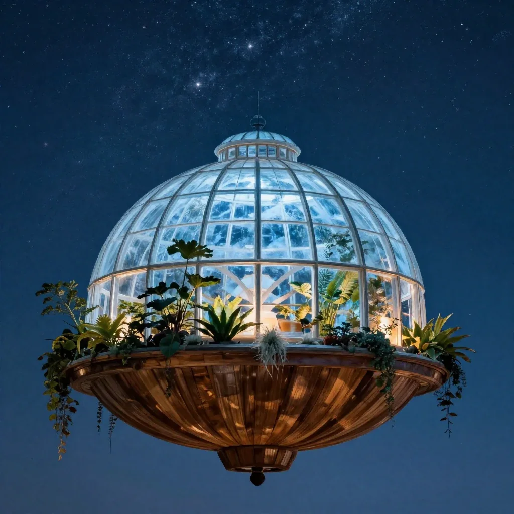 a floating botanical conservatory beneath a star-filled sky, dreamlike fine-art landscape photography, atmospheric depth