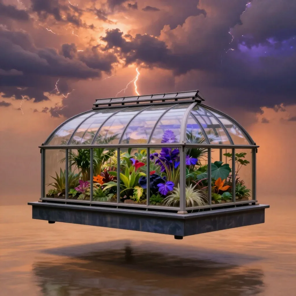 a floating botanical conservatory after a distant thunderstorm, museum-quality still-life photography, gentle reflected