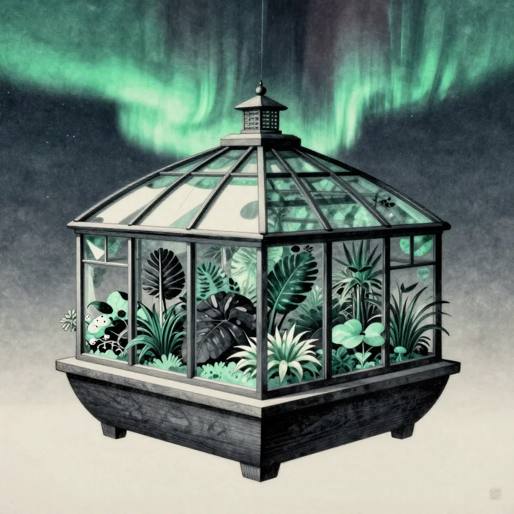 a floating botanical conservatory beneath an aurora, Japanese woodblock-inspired editorial art, clean natural textures, 