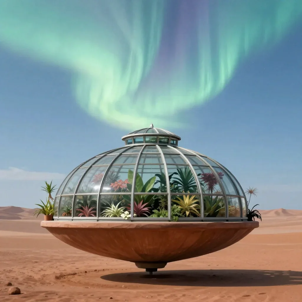 a floating botanical conservatory beneath an aurora, quiet science-fiction concept art, calm negative space, terracotta