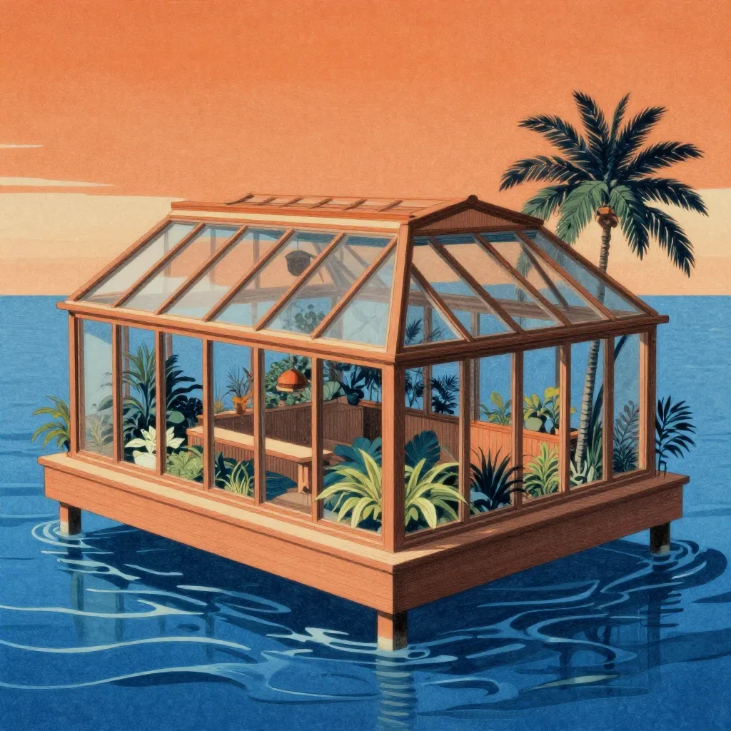 a floating botanical conservatory in a gentle sea breeze, Japanese woodblock-inspired editorial art, careful geometric c