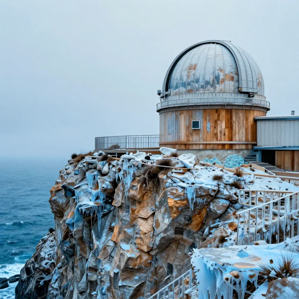 a cliffside observatory under overcast coastal light, dreamlike fine-art landscape photography, weathered tactile surfac