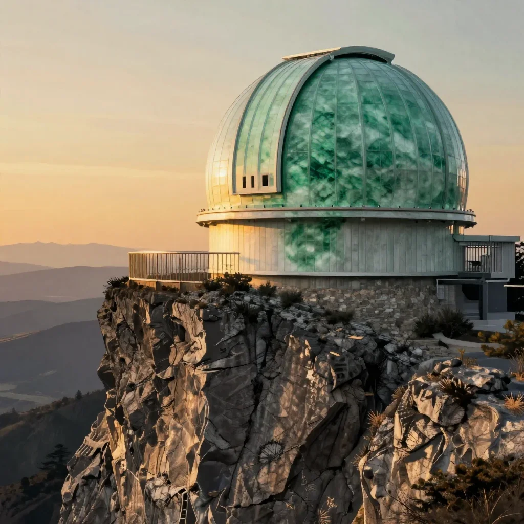 a cliffside observatory during golden hour, Japanese woodblock-inspired editorial art, clean natural textures, jade and