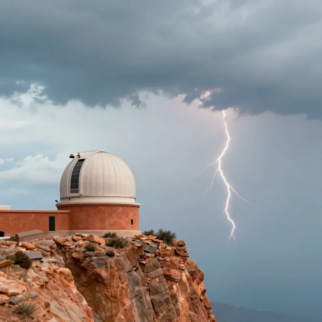a cliffside observatory after a distant thunderstorm, cinematic architectural photography, calm negative space, terracot