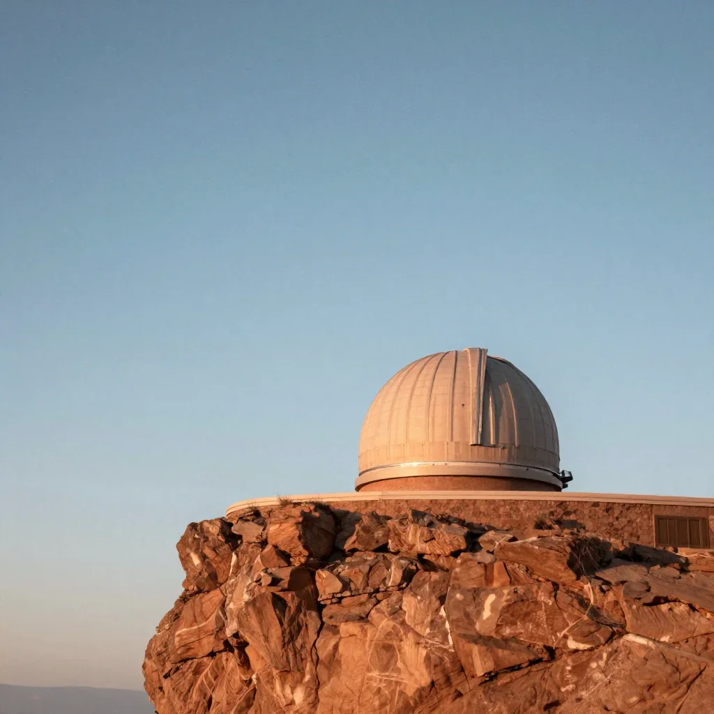 a cliffside observatory beneath a star-filled sky, refined editorial travel photography, restrained color harmony, terra