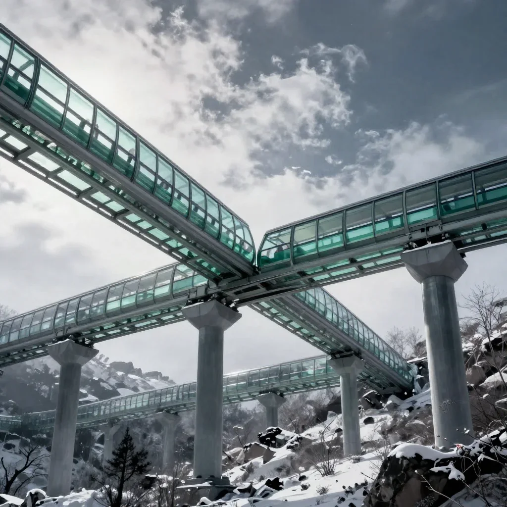 a glass monorail in crisp winter sunlight, dreamlike fine-art landscape photography, careful geometric composition, jade
