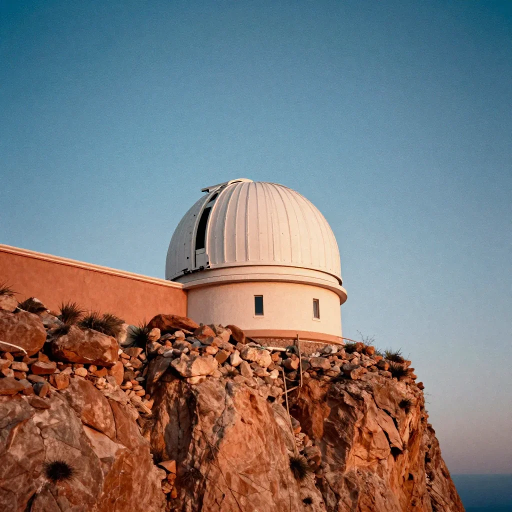 a cliffside observatory beneath a star-filled sky, cinematic architectural photography, subtle film grain, terracotta an