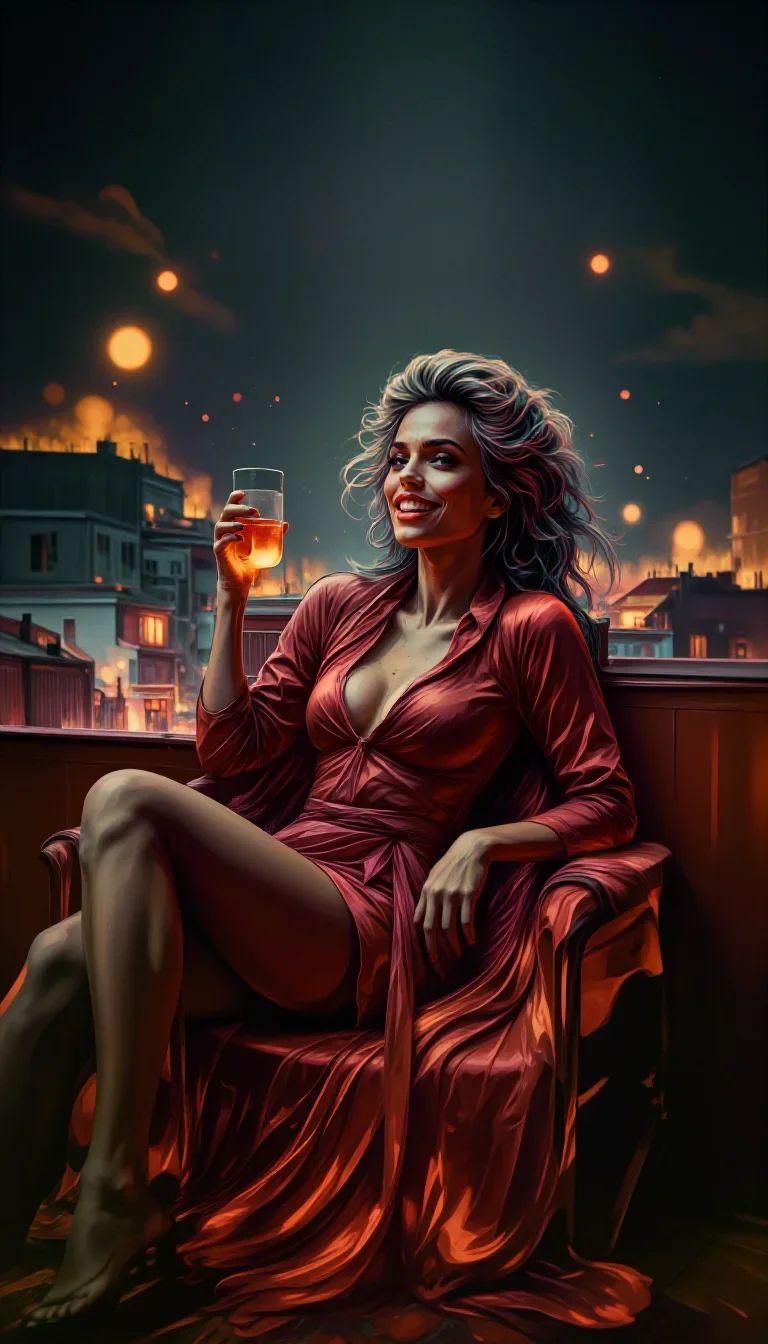 a couture catwalk muse with razor cheekbones reclining elegantly on a chaise, on a neon-lit rooftop at midnight, Vogue-s