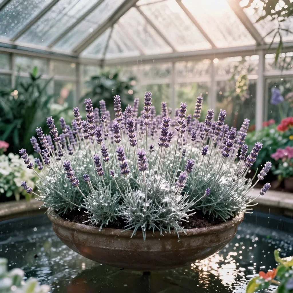 a floating botanical conservatory after warm summer rain, soft-grain analog film photography, subtle film grain, lavende