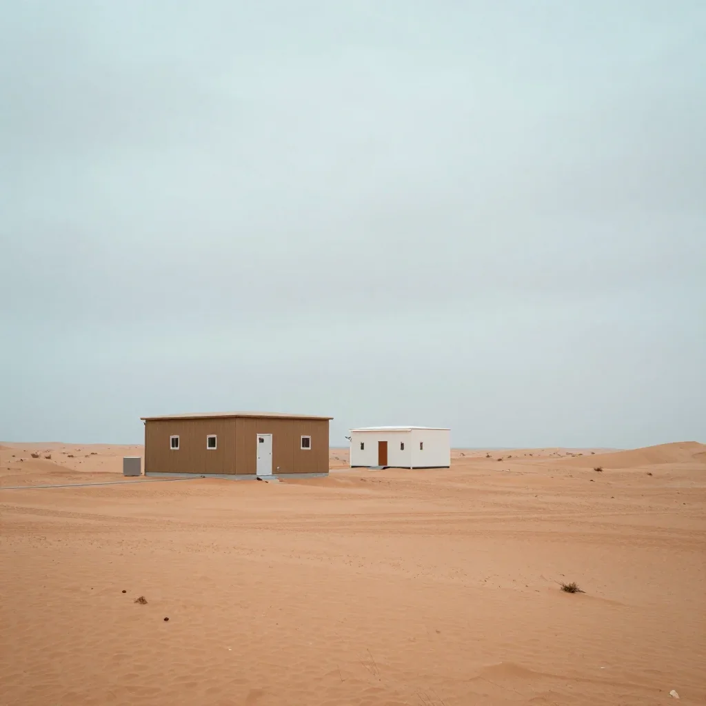 a desert research station under overcast coastal light, refined editorial travel photography, calm negative space, terra