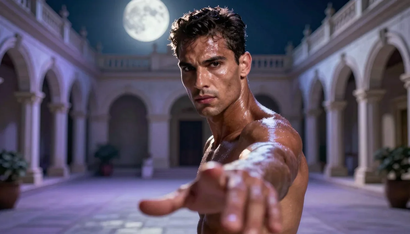 a chiseled athlete in dramatic rim light, oiled skin in a gentle reach toward the lens, in a moonlit palace courtyard, b