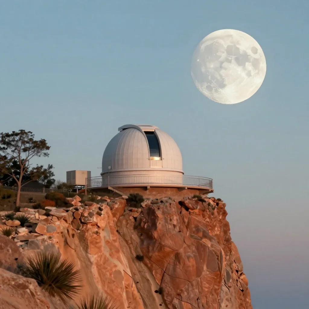 a cliffside observatory at moonrise, contemporary botanical illustration, restrained color harmony, terracotta and pale 