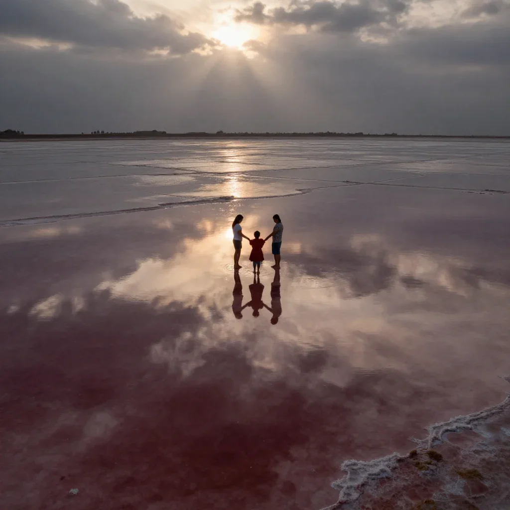 a salt-flat mirror landscape in a gentle sea breeze, dreamlike fine-art landscape photography, gentle reflected light, g
