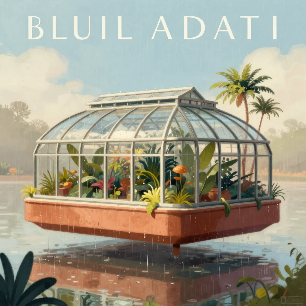 a floating botanical conservatory after warm summer rain, modernist poster illustration, gentle reflected light, terraco
