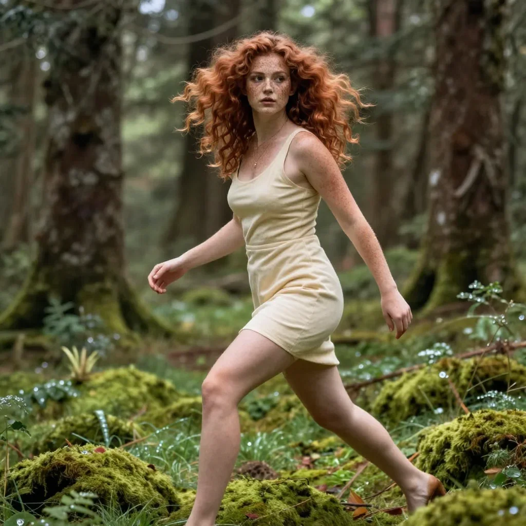 a muse with freckles and wind-tousled copper hair in a confident cinematic stride, in a dewy forest clearing, bold Helmu