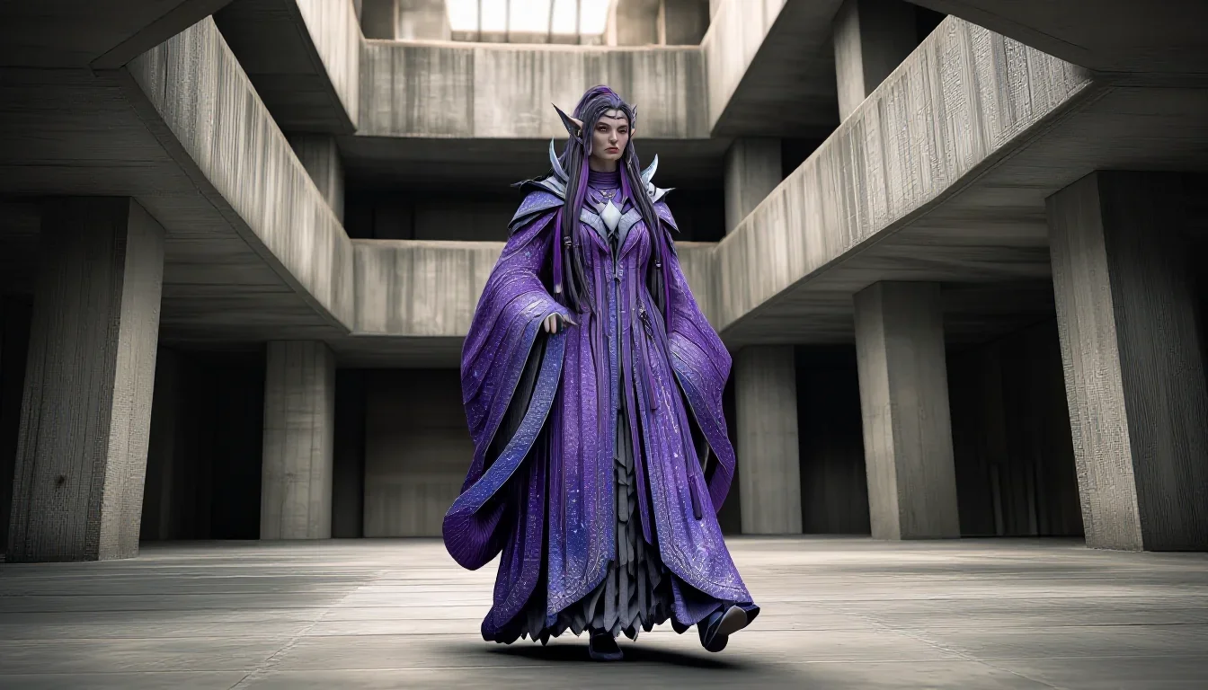 a sorceress in a star-lit midnight cloak in a confident cinematic stride, in a brutalist concrete atrium, National Geogr