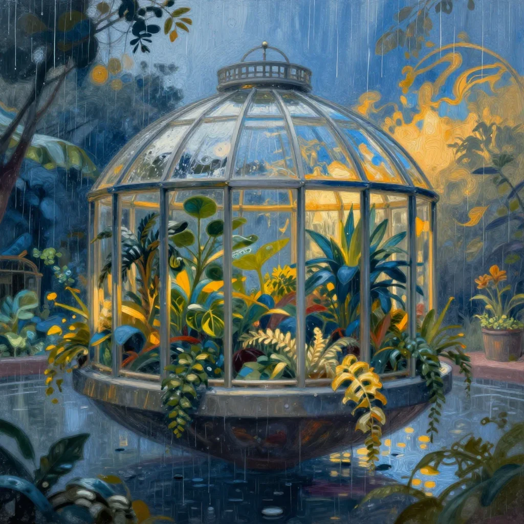 a floating botanical conservatory after warm summer rain, contemporary botanical illustration, atmospheric depth, cobalt