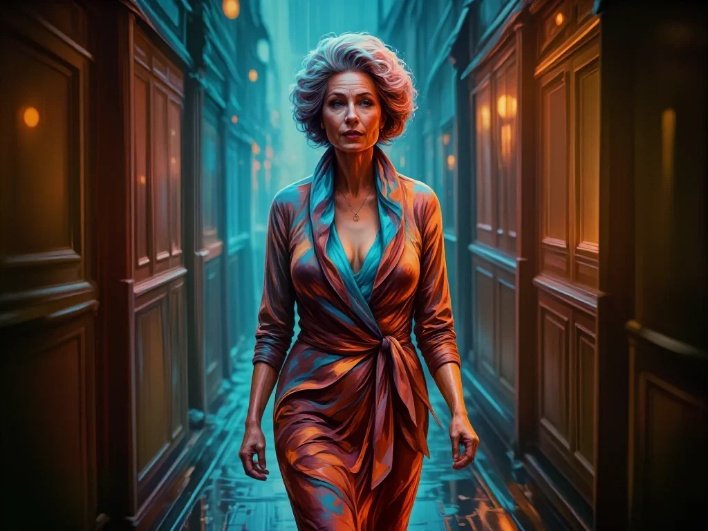 an elegant older stateswoman in a silk scarf in a confident cinematic stride, in a rain-slick neon alley, cinematic film