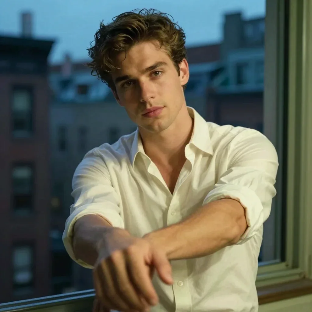 a handsome man in a rolled-sleeve white shirt in a gentle reach toward the lens, in a blue-hour city apartment, bold Hel