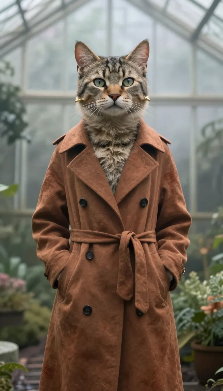 a feline-featured model with gold ear cuffs standing tall with hands in pockets, in a greenhouse humid with mist, dreaml