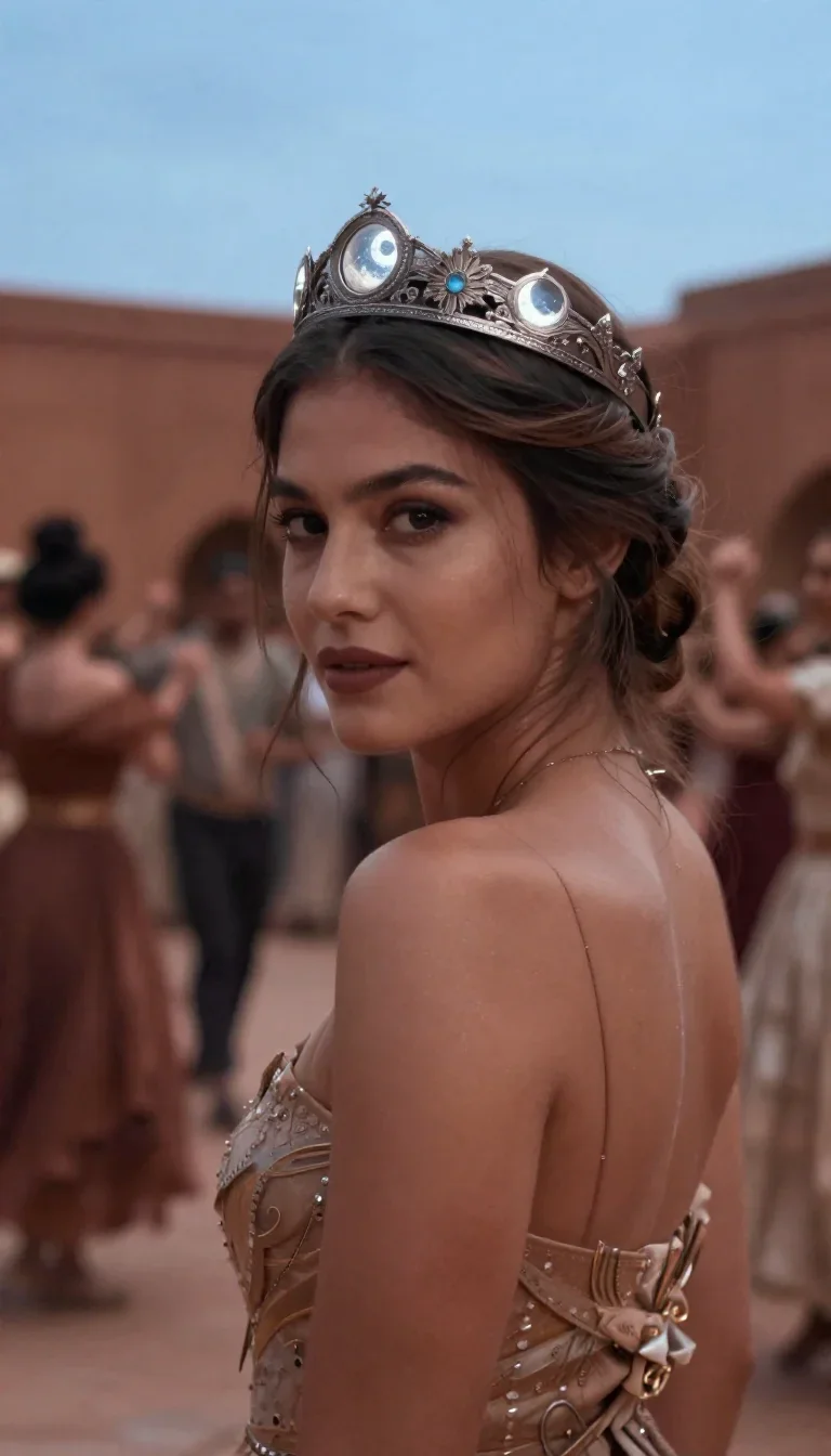 an elven queen in a moonlit silver crown in an alluring over-the-shoulder glance, on a midnight dance floor, cinematic f