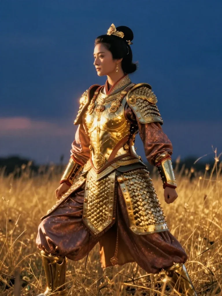 a warrior queen in ornate gilded armor in a graceful contrapposto pose, in a backlit golden-hour field, Wong Kar-wai col