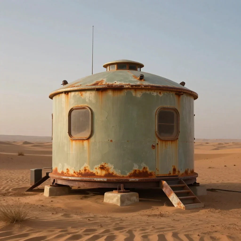 a desert research station in quiet late-afternoon haze, refined editorial travel photography, weathered tactile surfaces