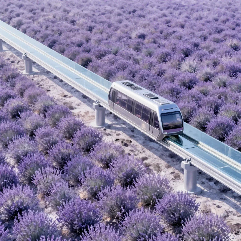a glass monorail in crisp winter sunlight, dreamlike fine-art landscape photography, careful geometric composition, lavender and silver palette, no people, no text, no logo, no watermark