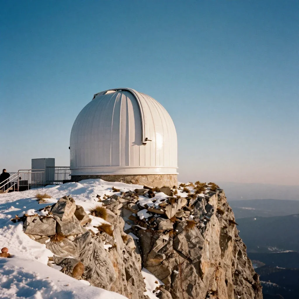 a cliffside observatory in crisp winter sunlight, soft-grain analog film photography, gentle reflected light, indigo and