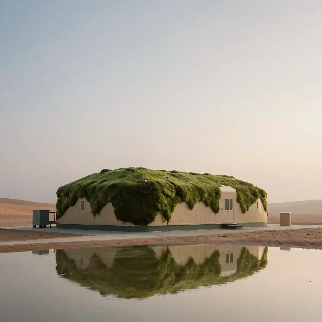 a desert research station under soft dawn fog, cinematic architectural photography, gentle reflected light, moss green a