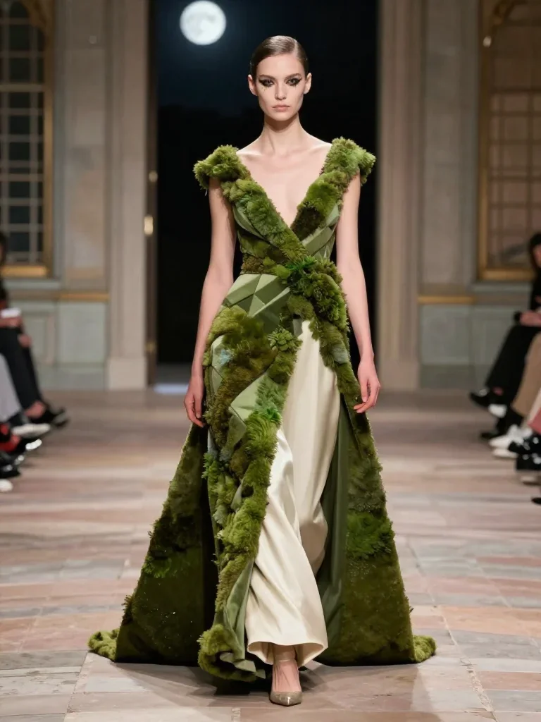 a couture catwalk muse with razor cheekbones in a confident cinematic stride, in a moonlit palace courtyard, soft-grain 