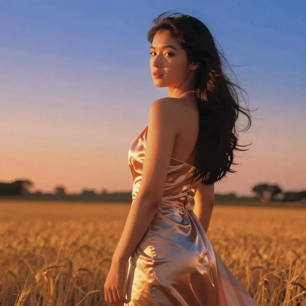 a young woman in a flowing silk gown in an alluring over-the-shoulder glance, in a backlit golden-hour field, Wong Kar-w