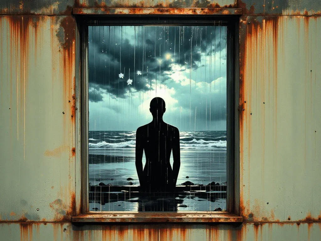 a swimmer before the plunge in a racing suit in a seated silhouette against a window, on a storm-washed boardwalk, neo-n