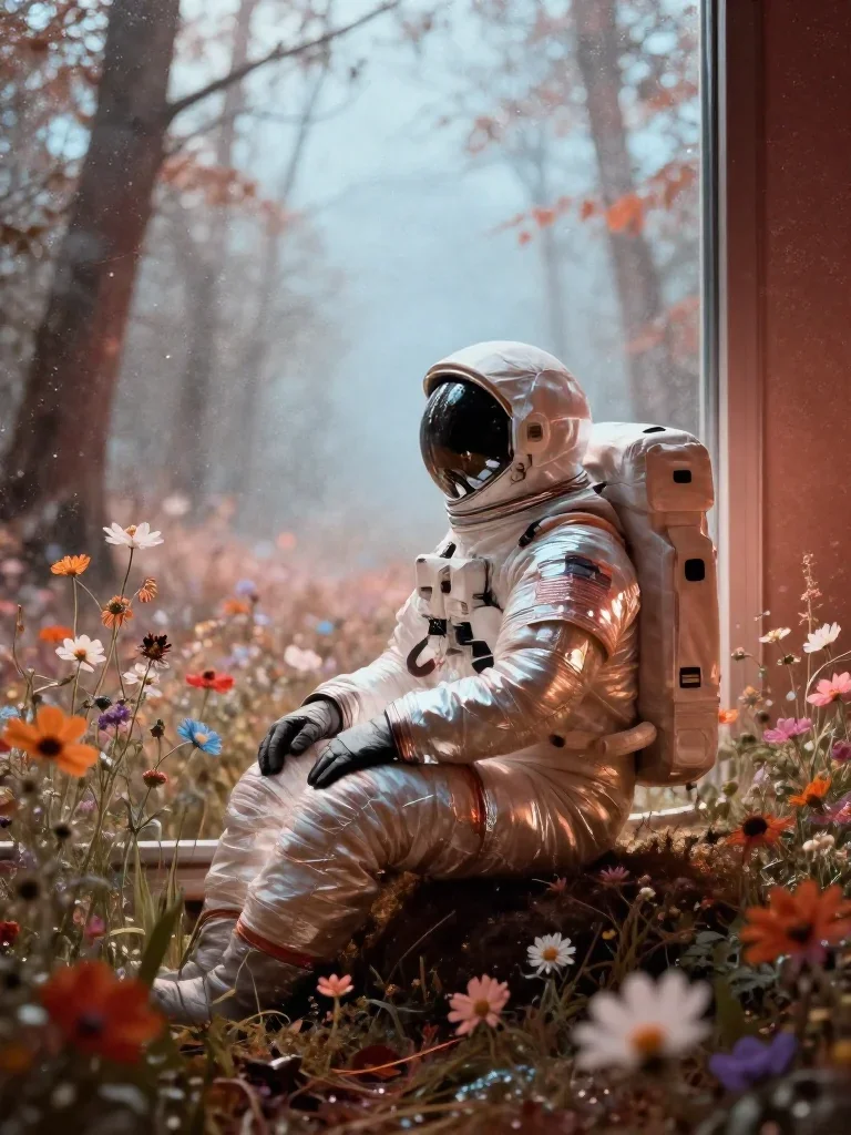 an astronaut in a reflective bodysuit among wildflowers in a seated silhouette against a window, in a dewy forest cleari