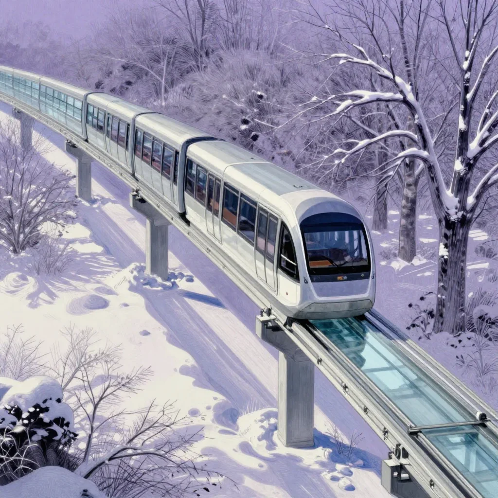 a glass monorail in crisp winter sunlight, Japanese woodblock-inspired editorial art, restrained color harmony, lavender