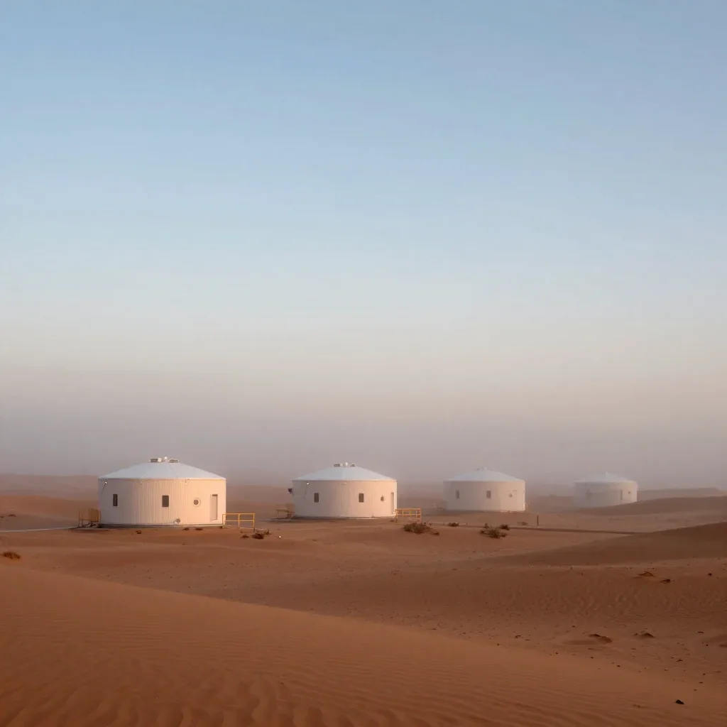 a desert research station under soft dawn fog, dreamlike fine-art landscape photography, restrained color harmony, terra
