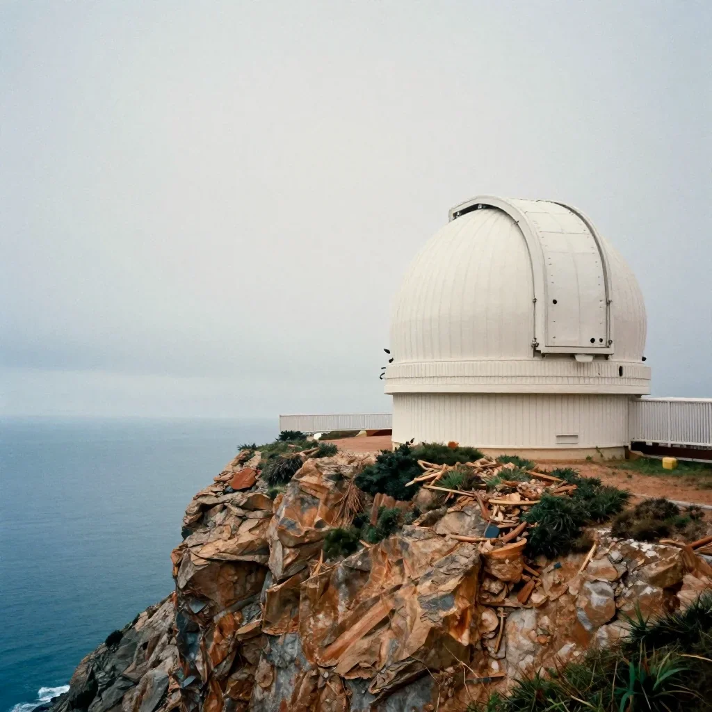 a cliffside observatory under overcast coastal light, soft-grain analog film photography, soft volumetric light, ice blu