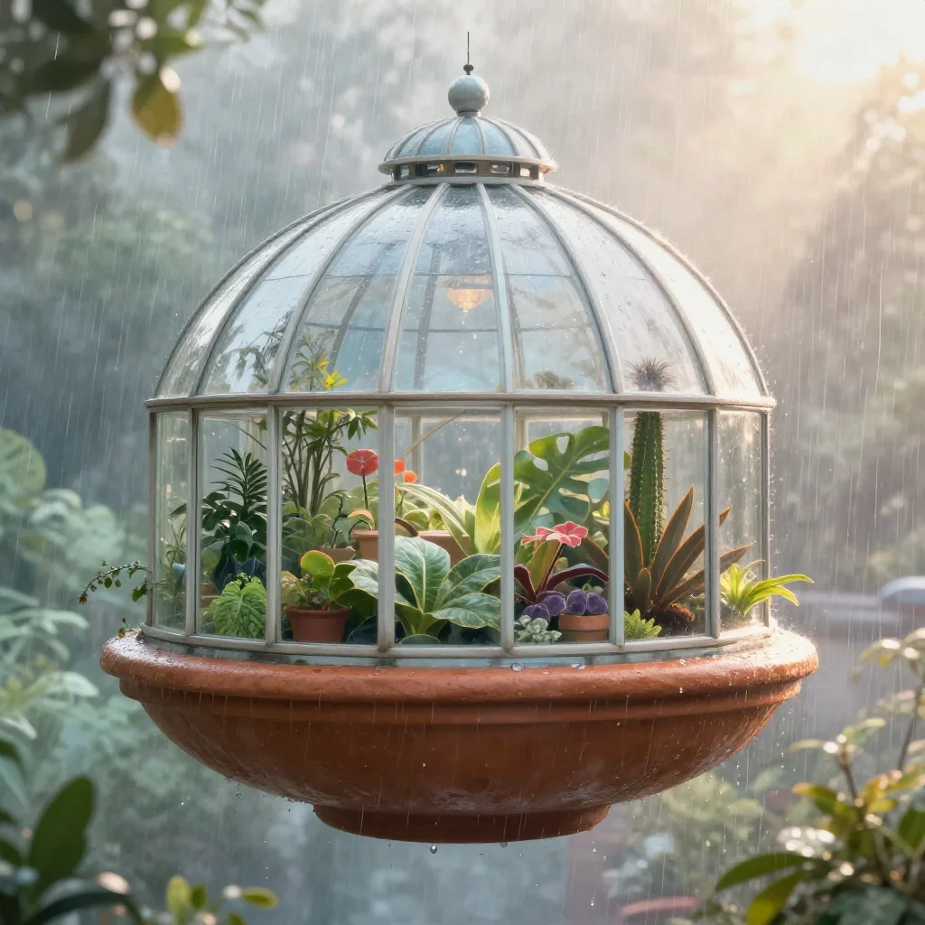 a floating botanical conservatory after warm summer rain, quiet science-fiction concept art, soft volumetric light, terr