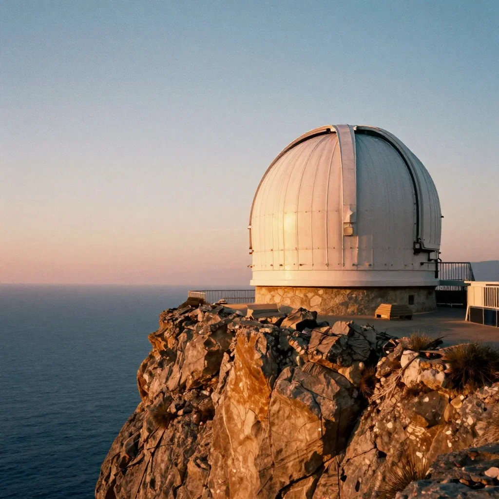 a cliffside observatory during golden hour, soft-grain analog film photography, soft volumetric light, ochre and ultrama